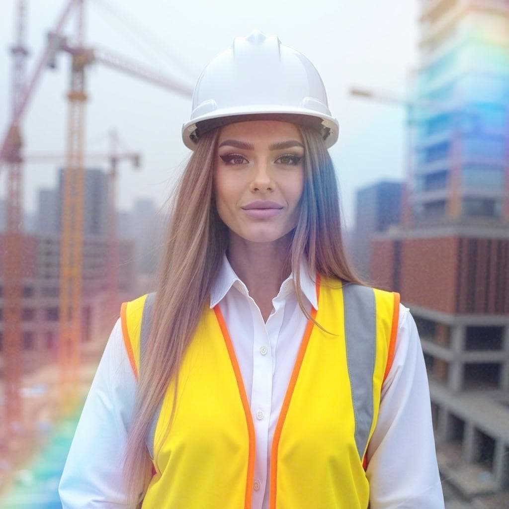 Brulea Loredana, structural engineer, wearing a hard hat and safety vest