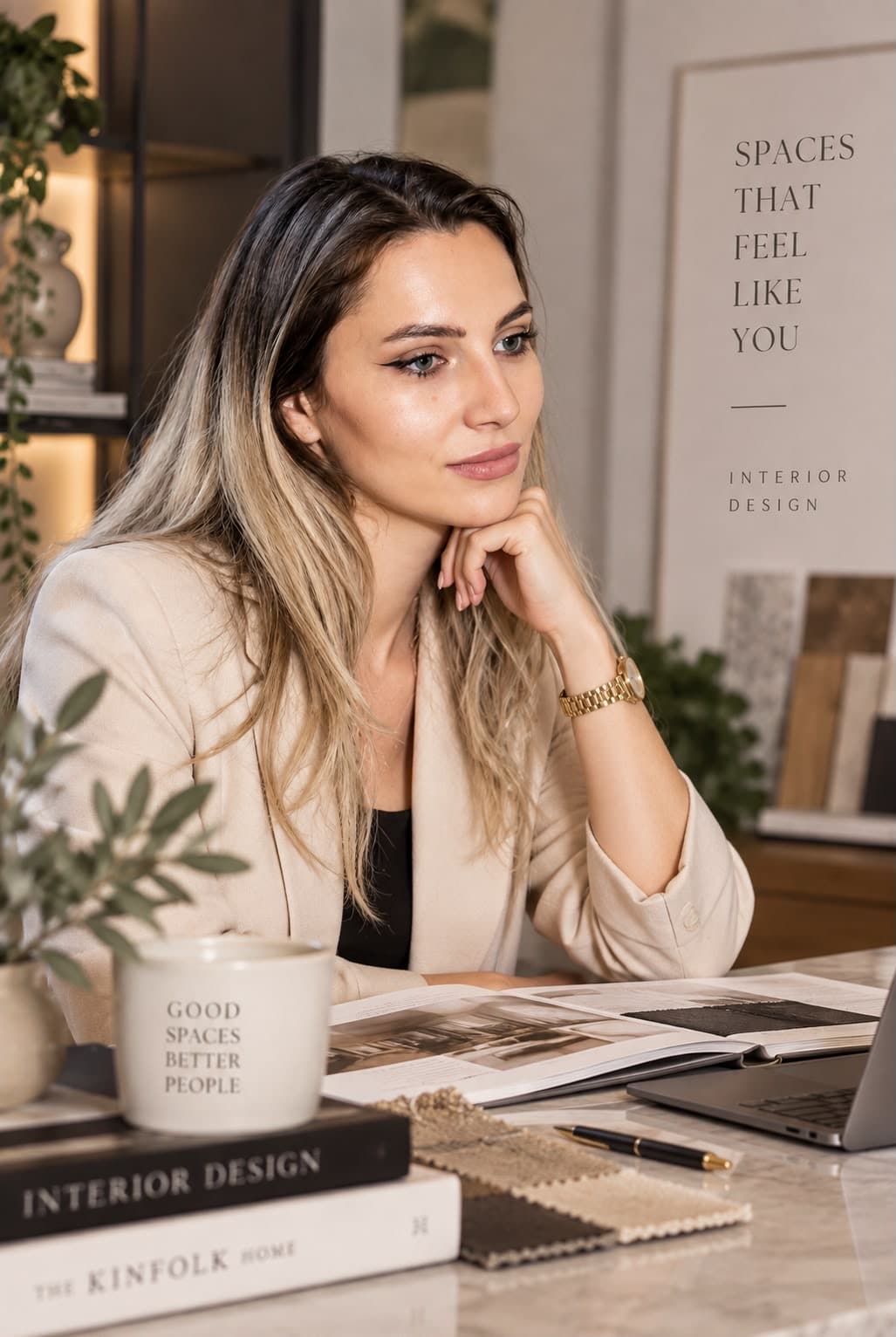 Dana Ungureanu, interior designer, at a desk with design books and material samples