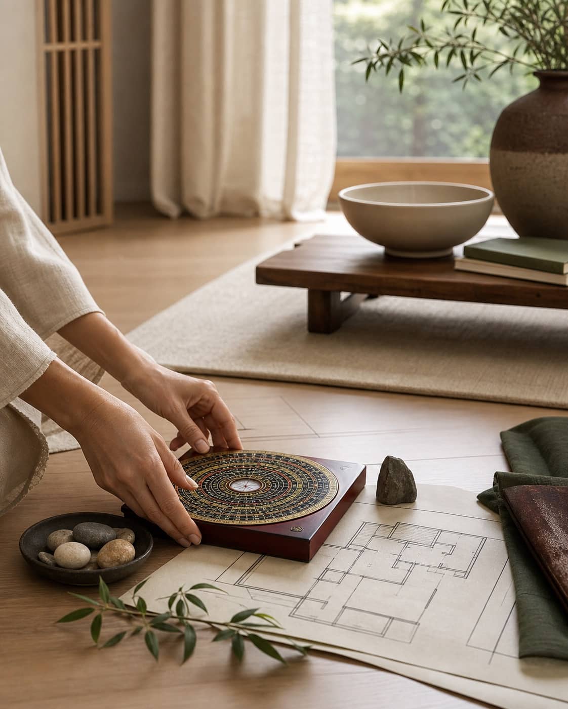 Feng Shui compass placed over a floor plan in a calm natural interior