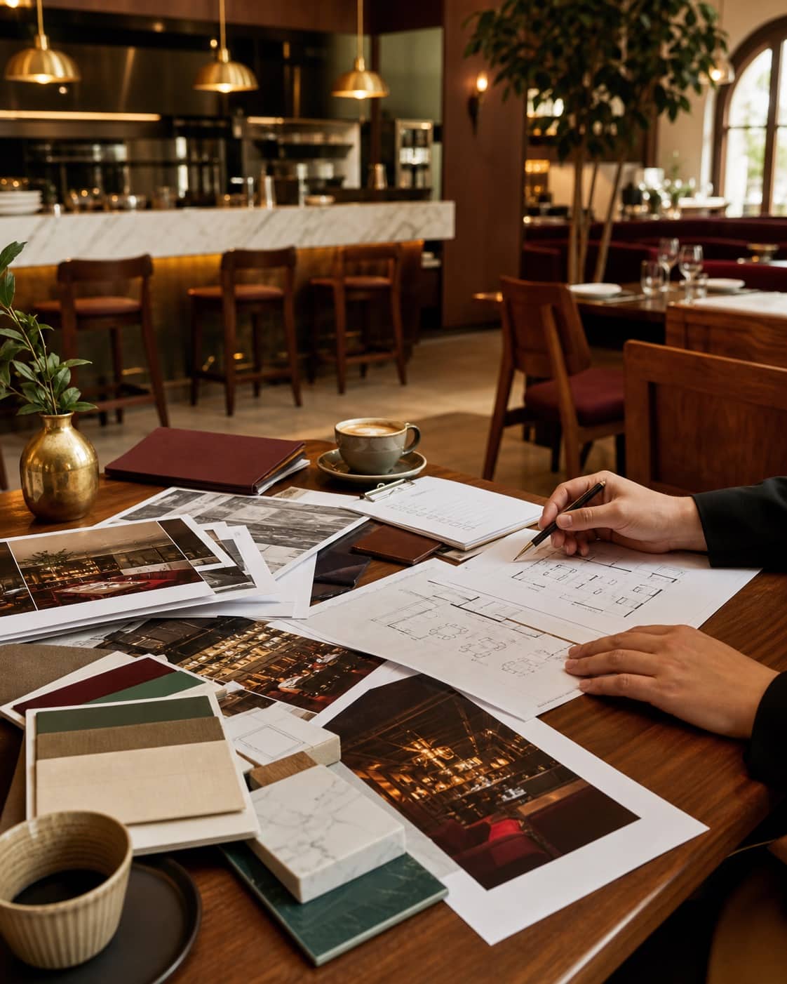 Restaurant opening plans and material samples on a table in a warm dining room