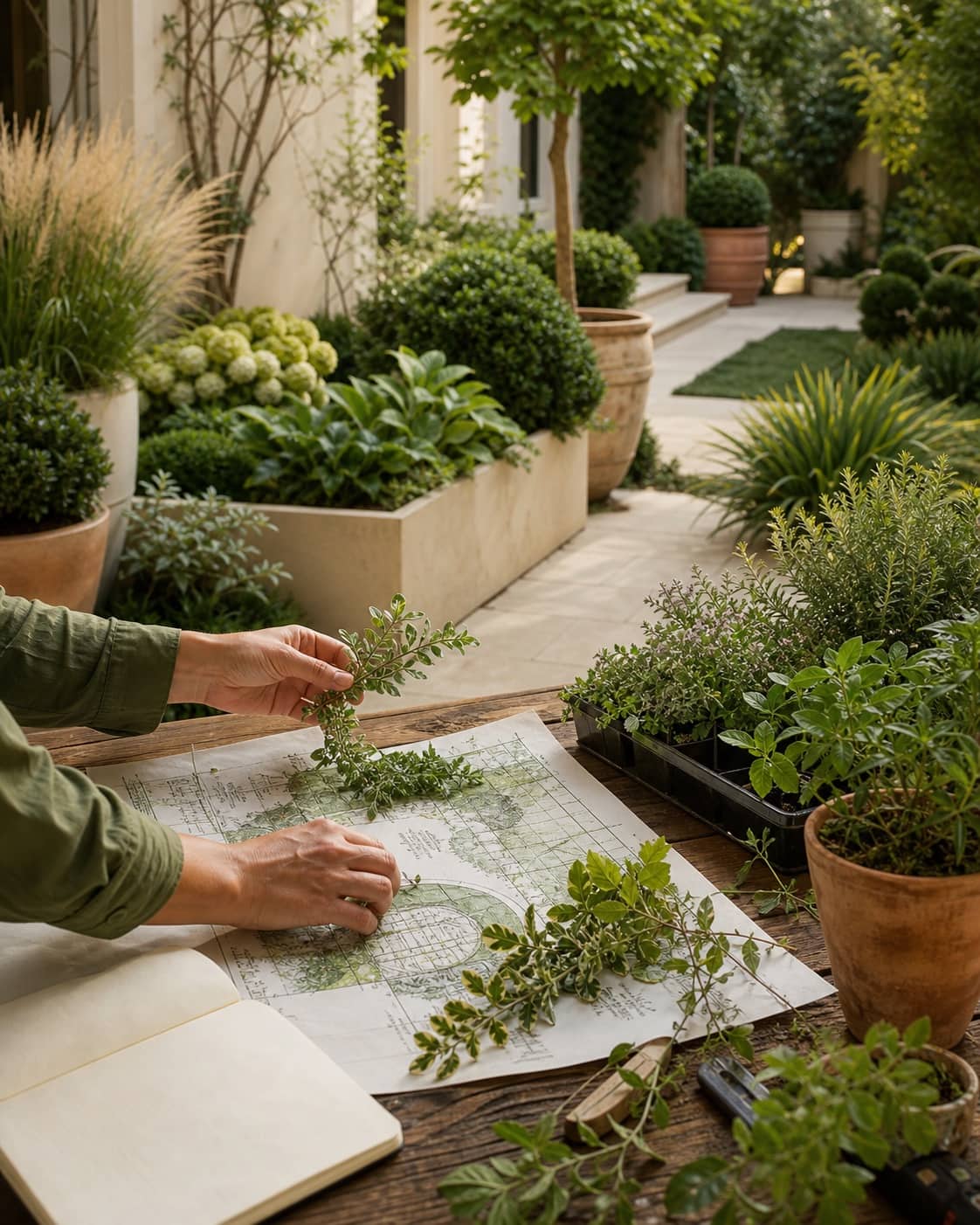 Garden plan, plant cuttings, and potted greenery in a refined courtyard