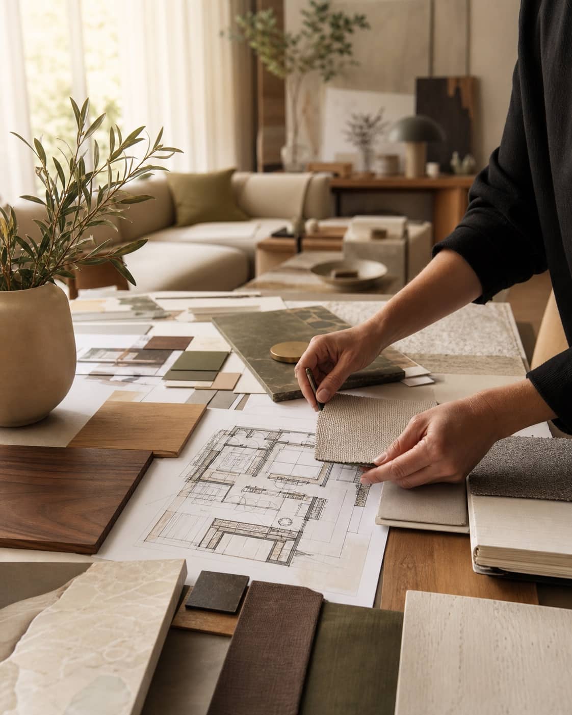 Interior plans, material samples, and fabric swatches in a warm residential studio