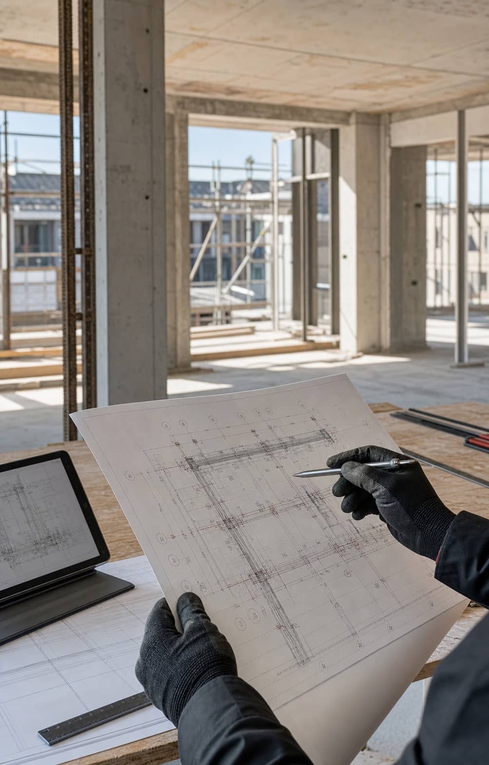 Structural drawings reviewed inside a concrete renovation shell